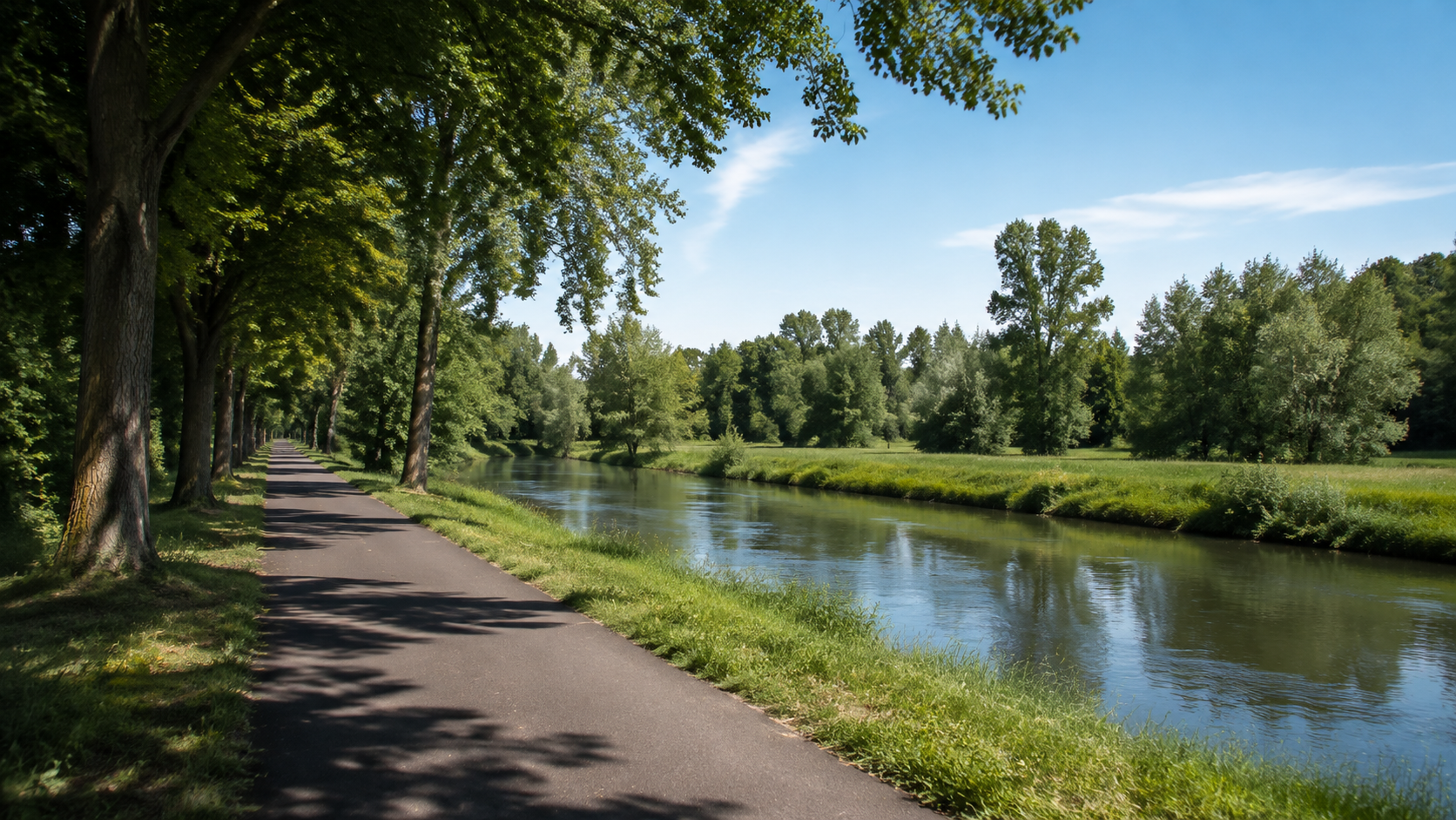 Flacher befestigter Radweg im Schatten von Laubbäumen neben einem ruhigen Fluss