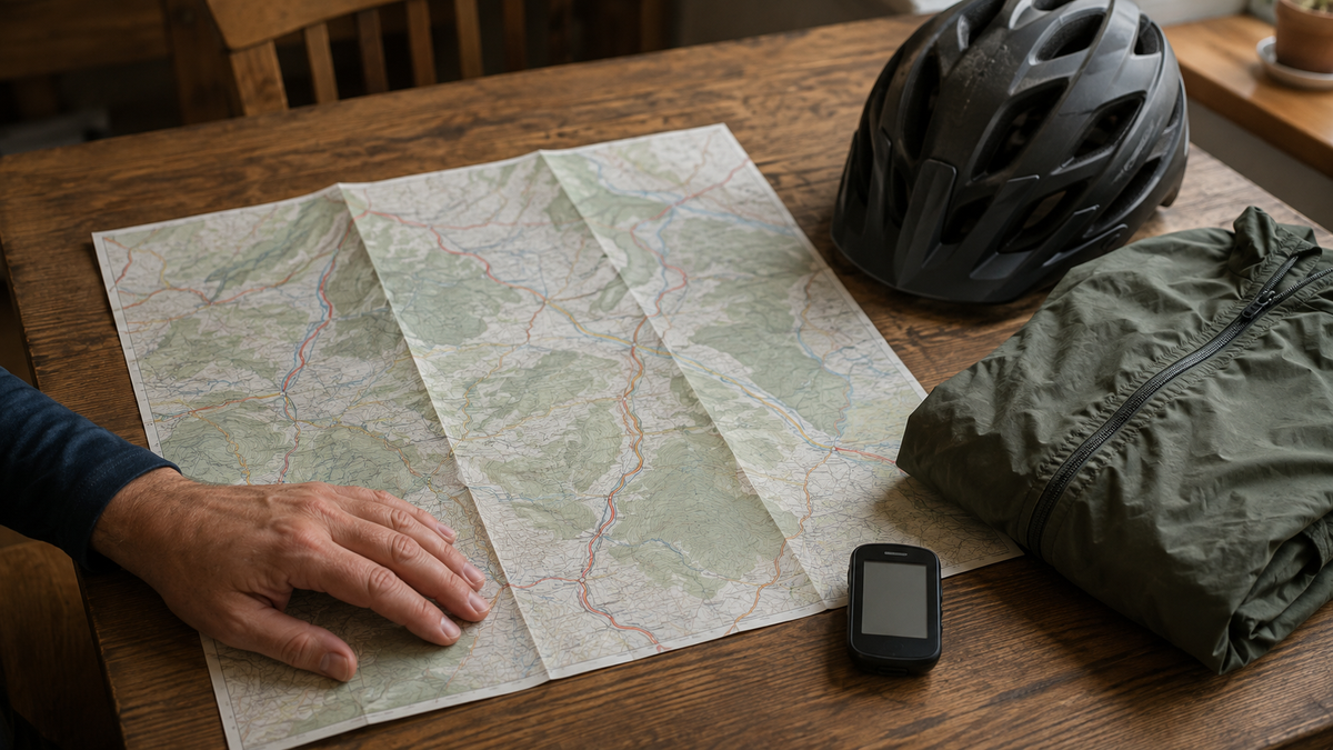 Karte, Fahrradhelm und Regenjacke liegen zur Vorbereitung einer Radreise auf einem Tisch