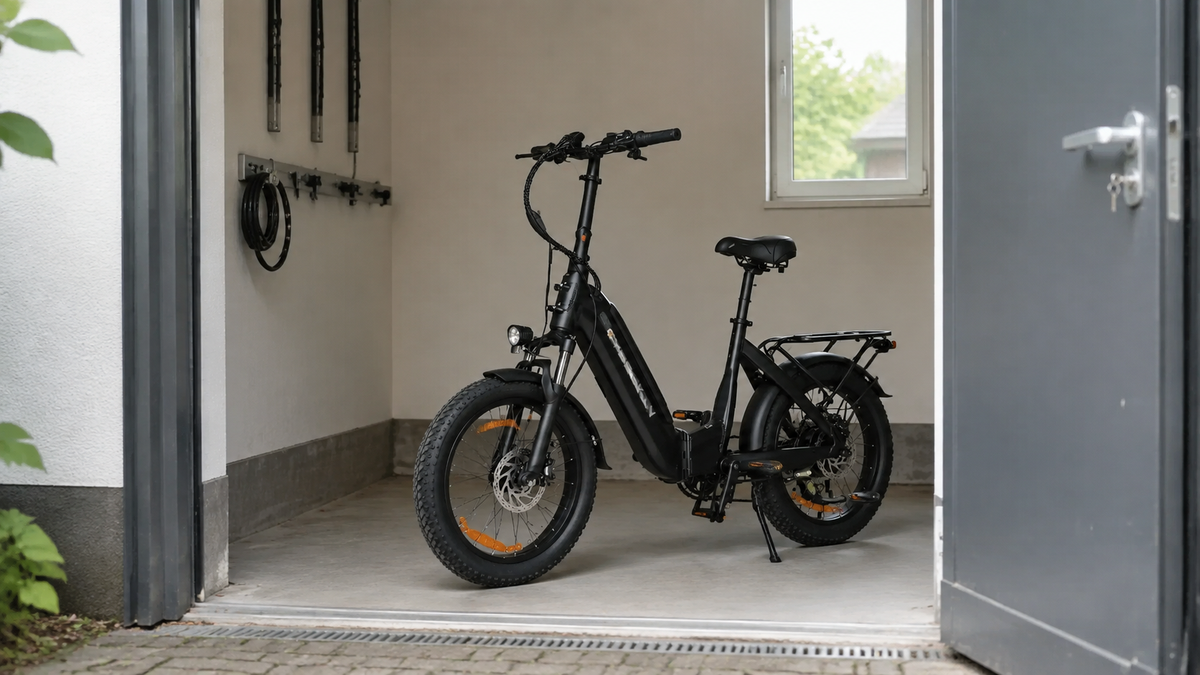 Ein schwarzes E-Bike steht in einem Fahrradabstellraum mit offenem Zugang