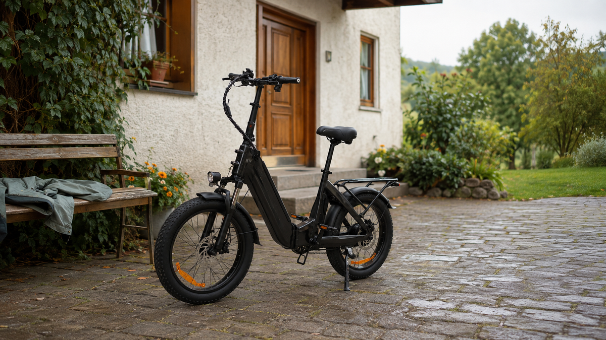 Ein schwarzes E-Bike steht im gepflasterten Hof vor einem Hauseingang