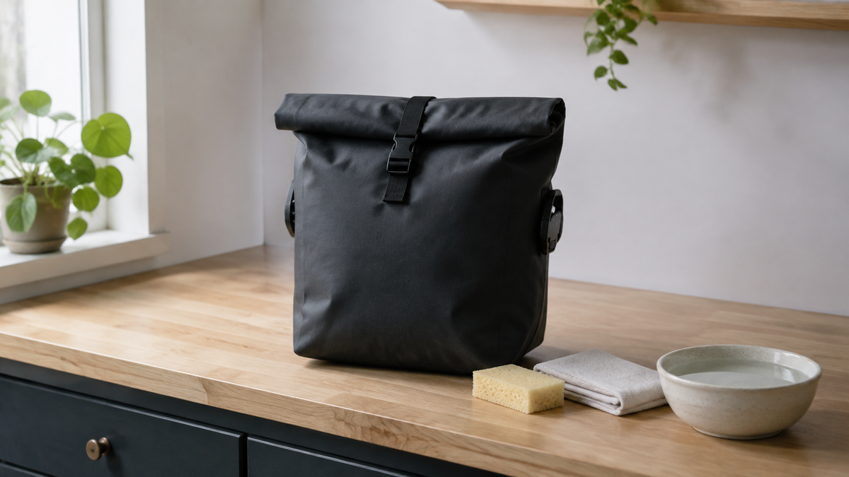 Eine dunkle Fahrradtasche steht mit Schwamm, Tuch und Wasserschale auf einer Holzarbeitsfläche