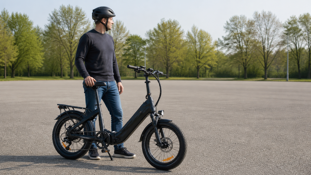 Ein Erwachsener mit Helm steht neben einem abgestellten schwarzen E-Bike auf einer freien Asphaltfläche