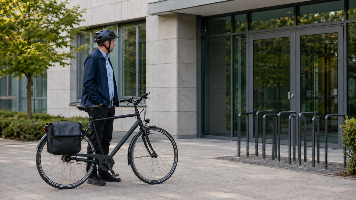 Eine Person steht neben einem Fahrrad mit Seitentasche vor einem Bürogebäude