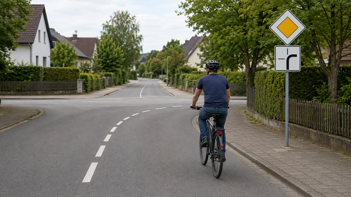 Radfahrer nähert sich einer Kreuzung mit abknickender Vorfahrtstraße