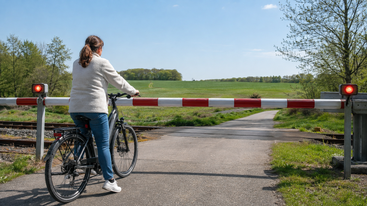 Radfahrerin wartet vor einer geschlossenen Bahnschranke