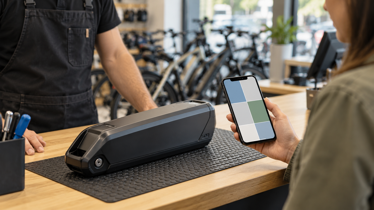 E-Bike-Akku neben Smartphone mit abstrakter Batteriepass-Ansicht