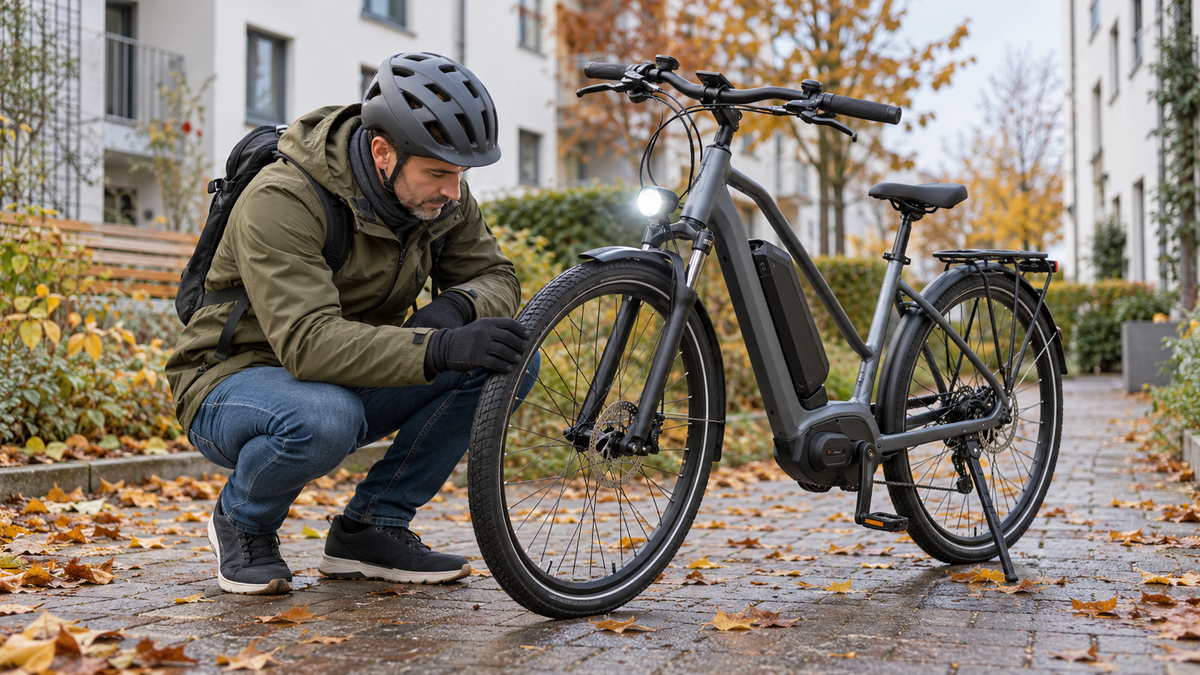 Radfahrer prüft den Vorderreifen seines E-Bikes vor einer Herbstfahrt