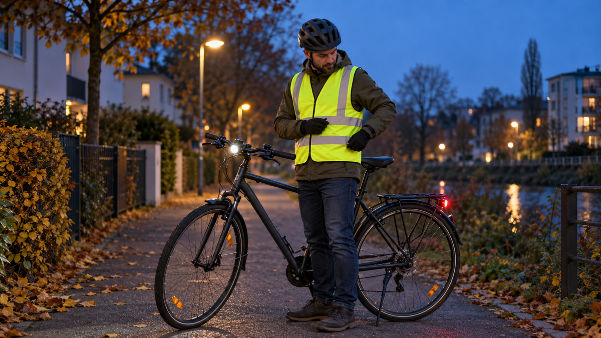 Radfahrer prüft seine reflektierende Weste neben einem beleuchteten Cityrad