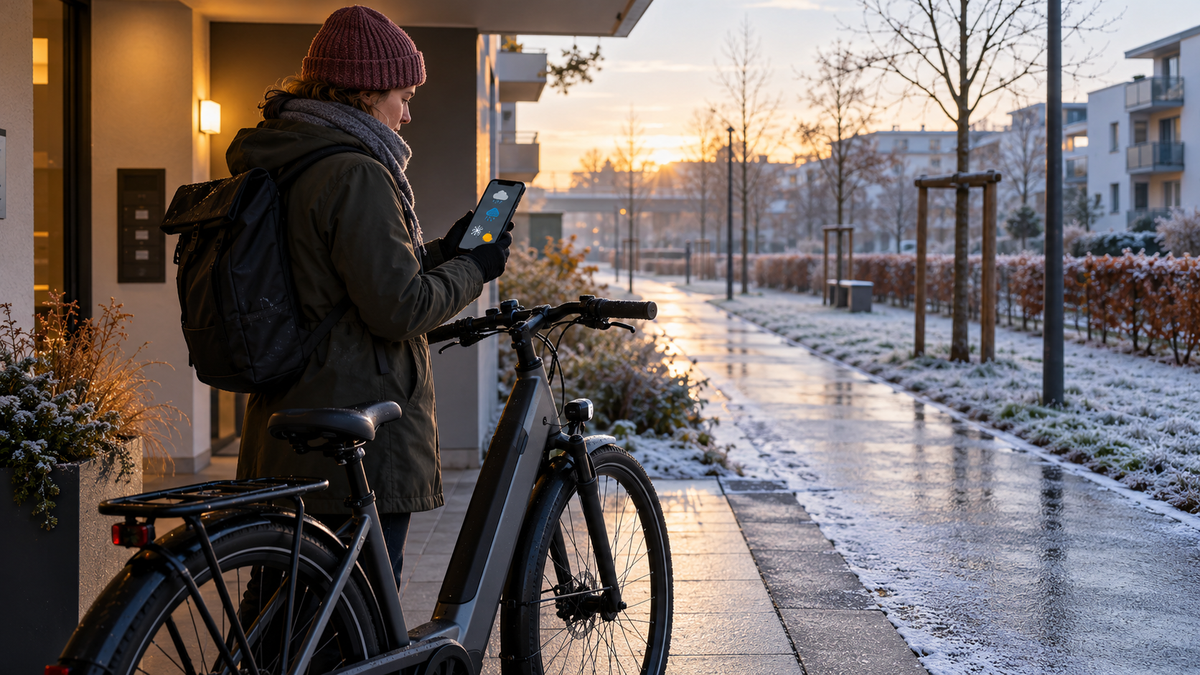 E-Bike-Pendlerin prüft vor einer glatten Straße die DWD-Warnlage