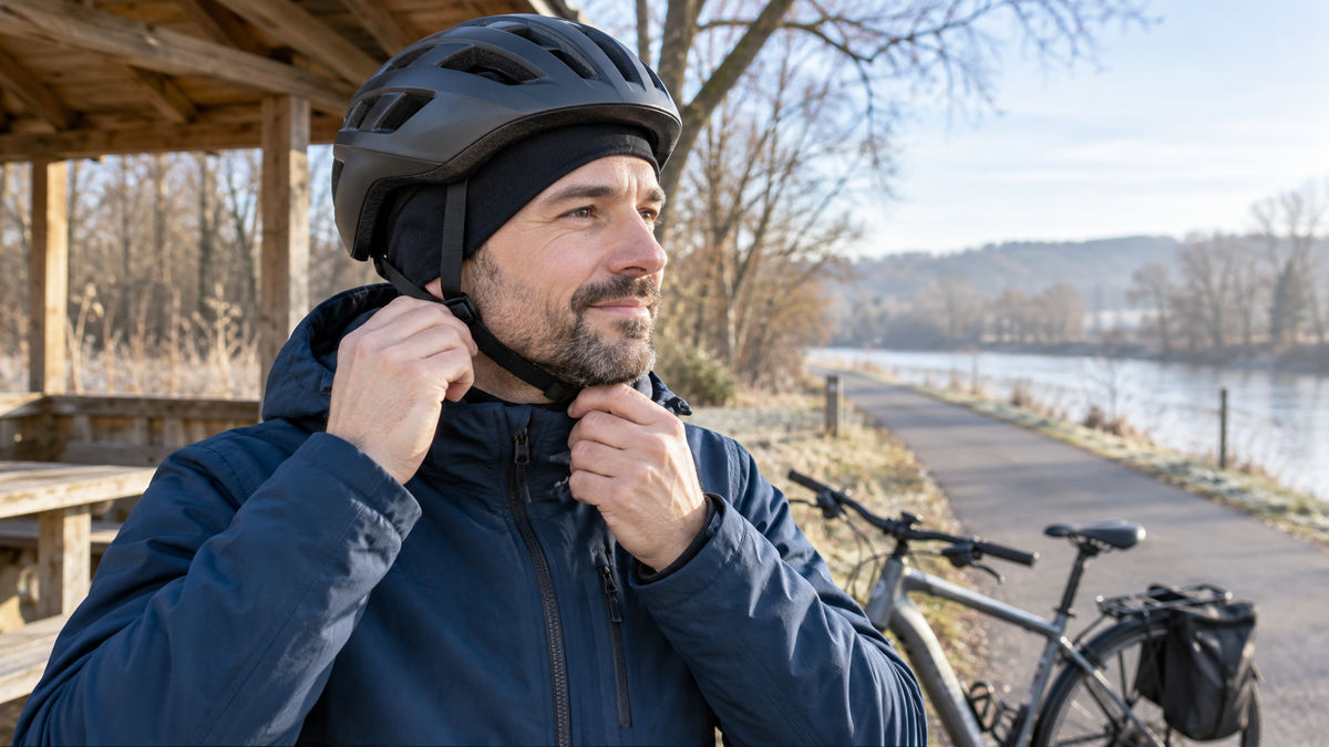 Radfahrer prüft den Helm über einer dünnen Wintermütze vor der Fahrt