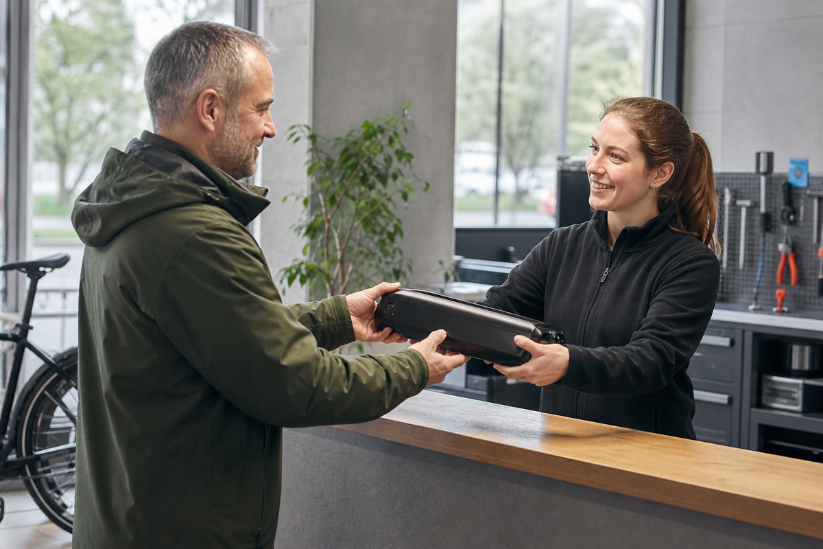 Kunde übergibt einen intakten E-Bike-Akku an eine Mitarbeiterin einer Servicestelle