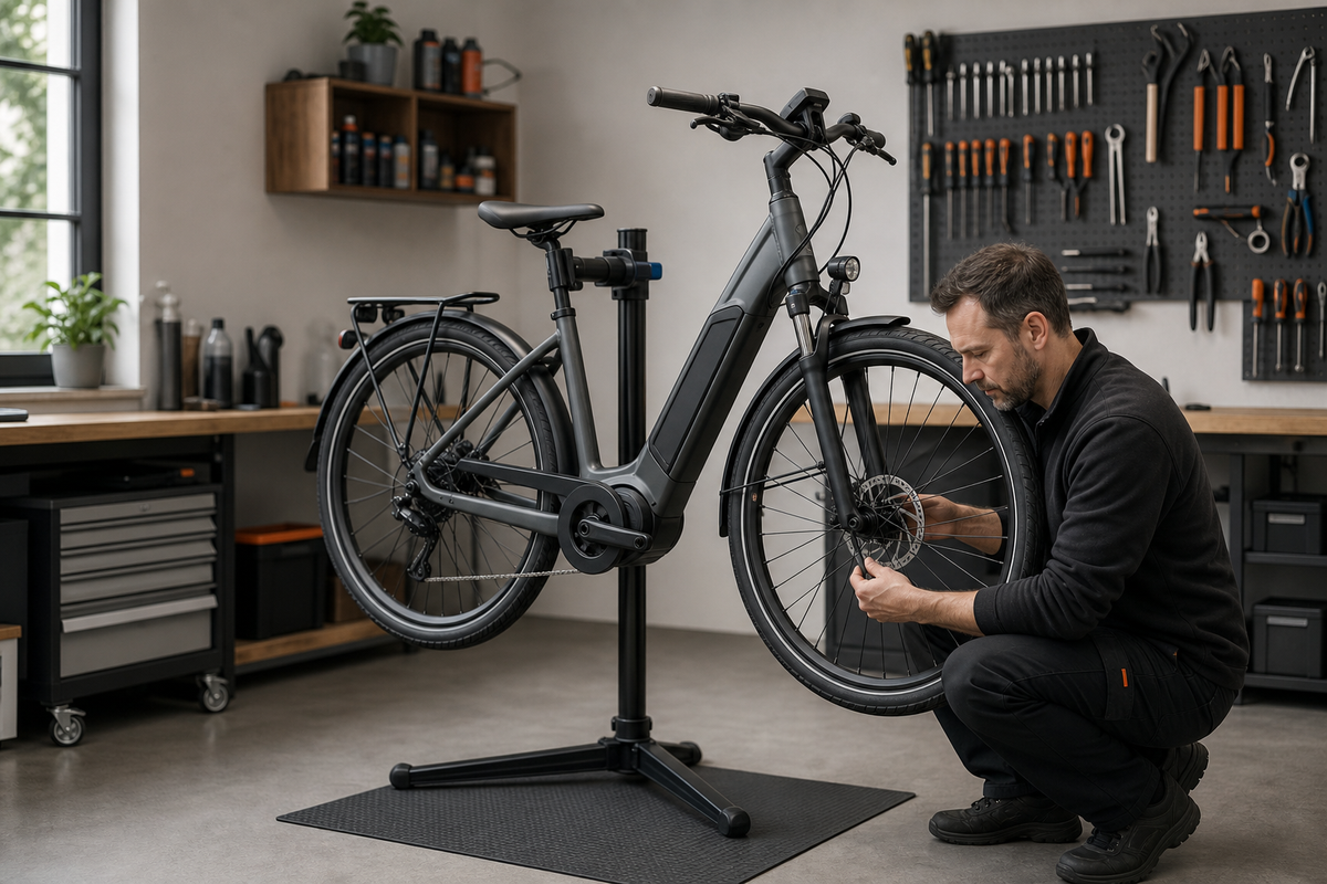 Fahrradmechaniker prüft die Vorderradbremse eines E-Bikes in einer Werkstatt