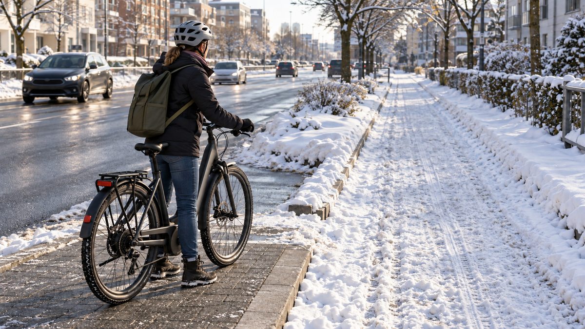Geräumte Fahrbahn neben verschneitem Radweg, an dem ein Radfahrer anhält und die Lage prüft