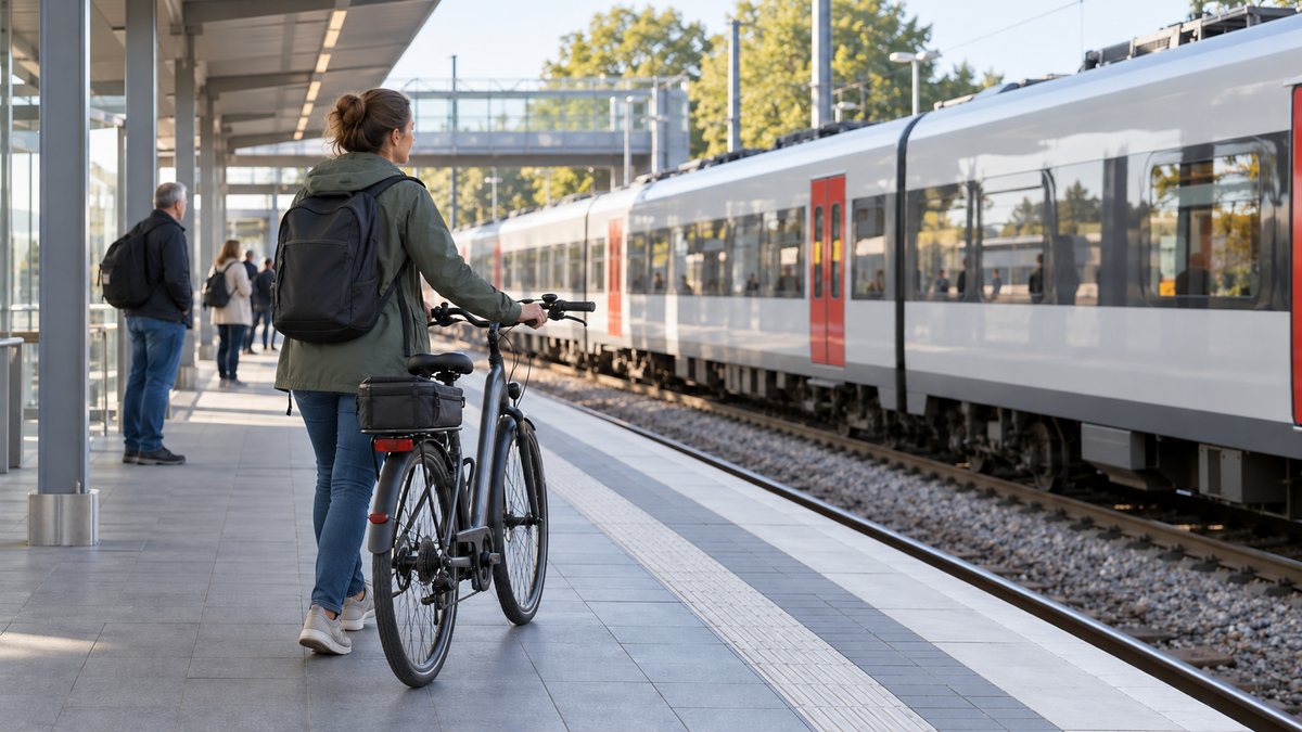 Radfahrer mit neutralem Pedelec wartet auf einem deutschen Regionalbahnsteig