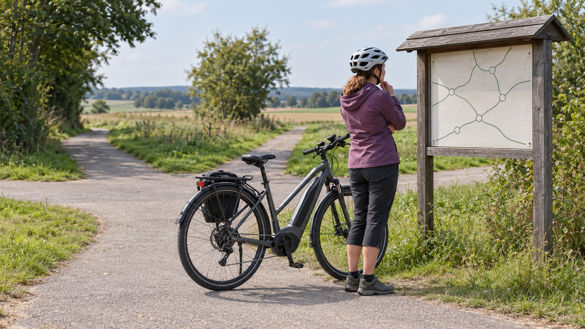 Radfahrerin prüft an einer ländlichen Radwegkreuzung einen abstrakten Knotenplan neben einem grauen Trekking-E-Bike