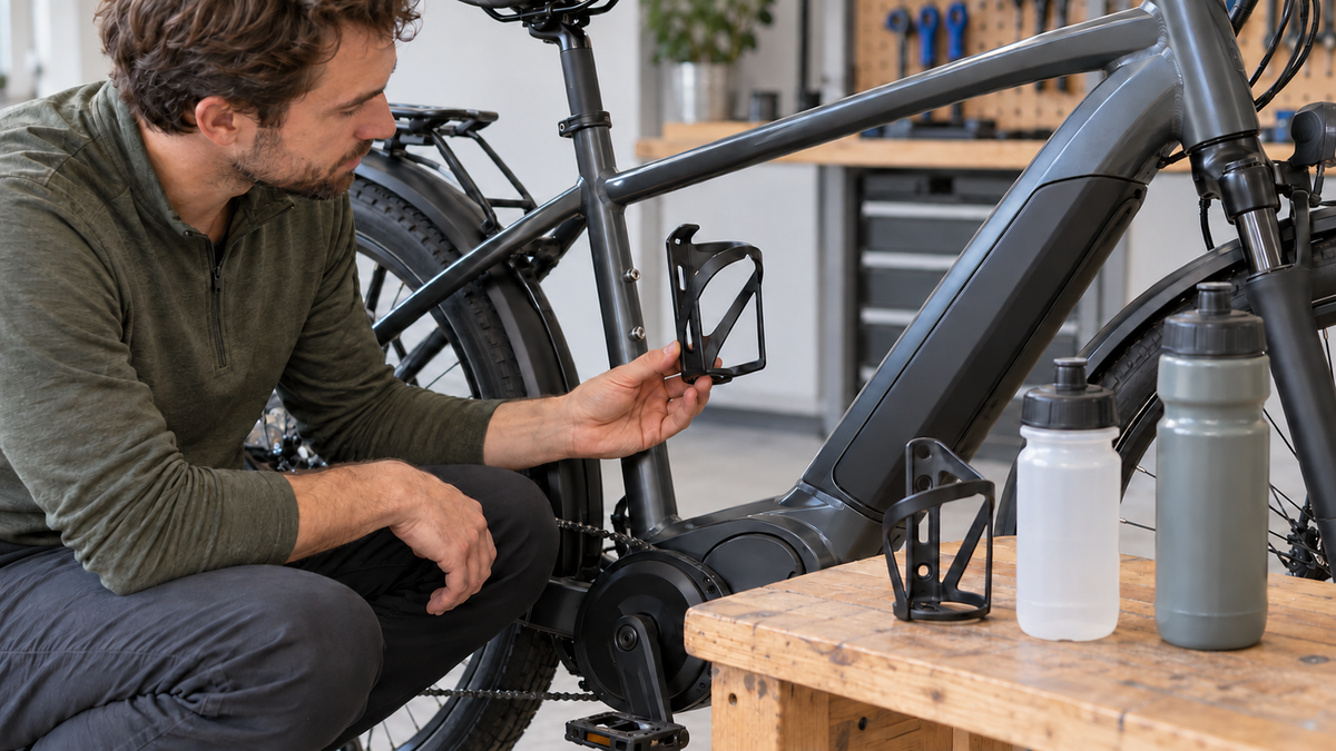 Radfahrer prüft einen Flaschenhalter am E-Bike-Rahmen; daneben stehen ein zweiter Halter und zwei unterschiedlich hohe Trinkflaschen