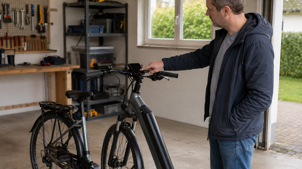 Person prüft ein ausgeschaltetes Display an einem abgestellten E-Bike