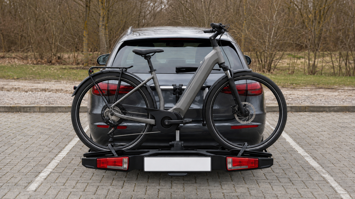 Ein unmarkiertes E-Bike steht gesichert auf einem Heckträger