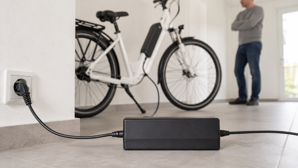 Frei liegendes E-Bike-Ladegerät auf ebener Fläche während des Ladens