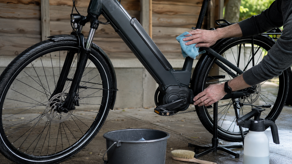 Person wischt ein nasses E-Bike neben Eimer, Bürste und Handsprüher ab.