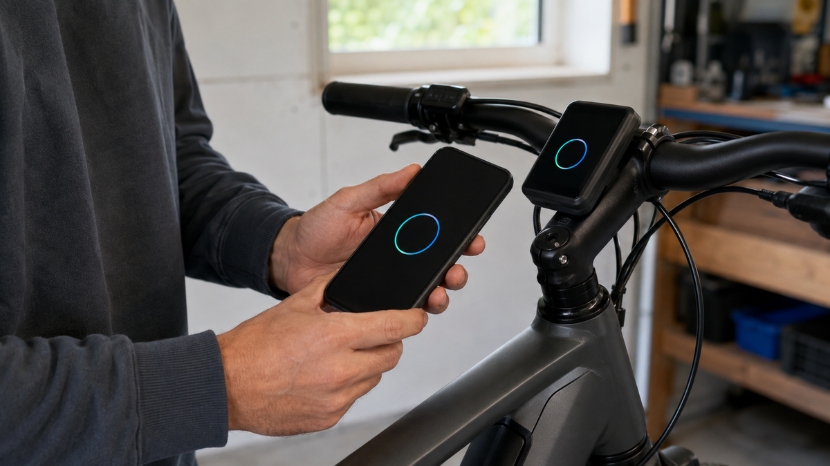 Person bereitet ein Software-Update am abgestellten E-Bike mit dem Smartphone vor
