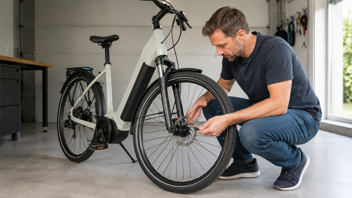 Person prüft die Bremsbeläge einer abgekühlten Fahrrad-Scheibenbremse