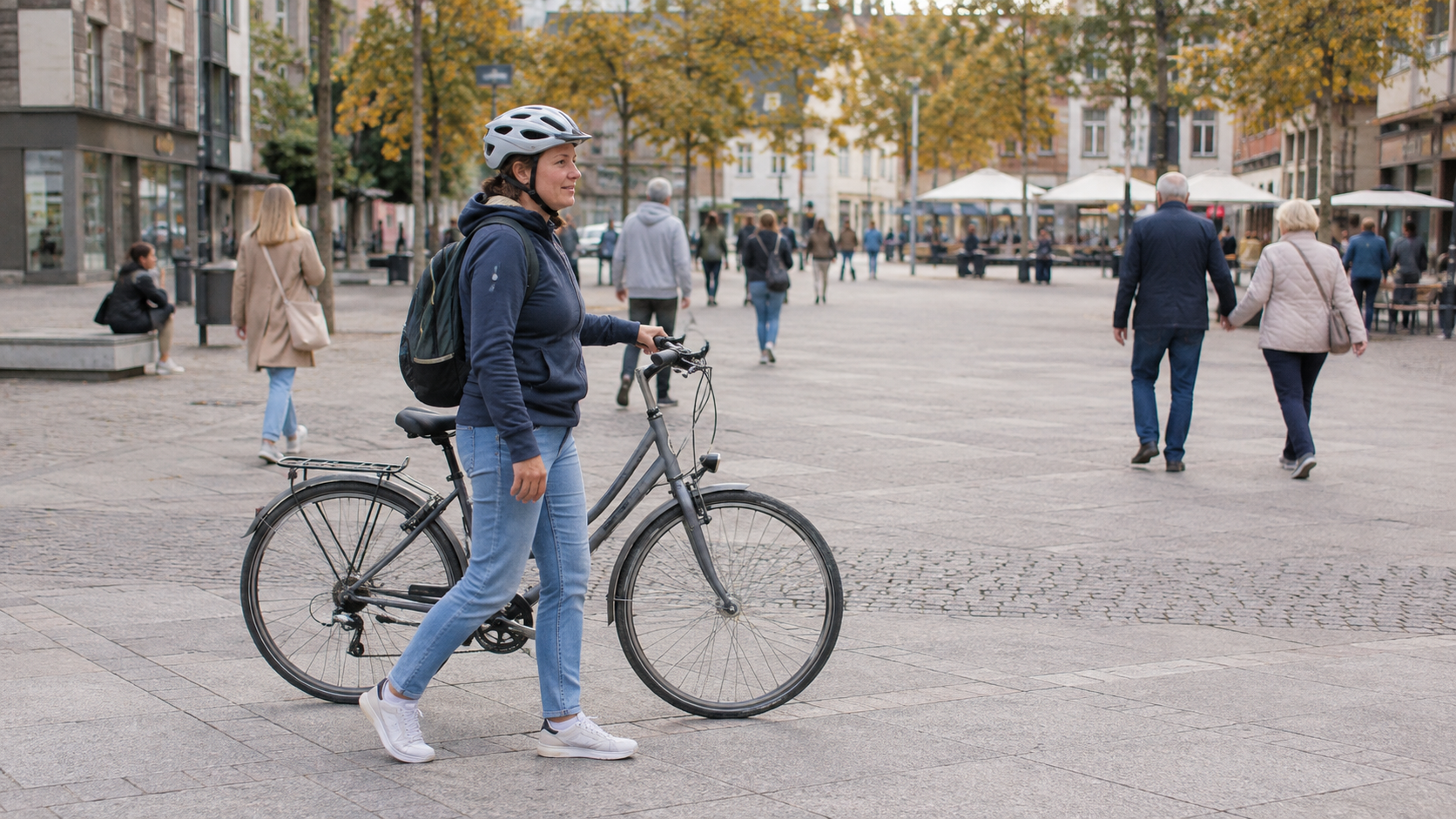 Person schiebt ein Fahrrad am Eingang einer Fußgängerzone