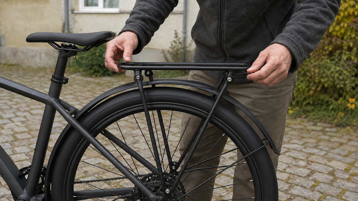 Person prüft das seitliche Spiel eines unbeladenen Fahrrad-Gepäckträgers
