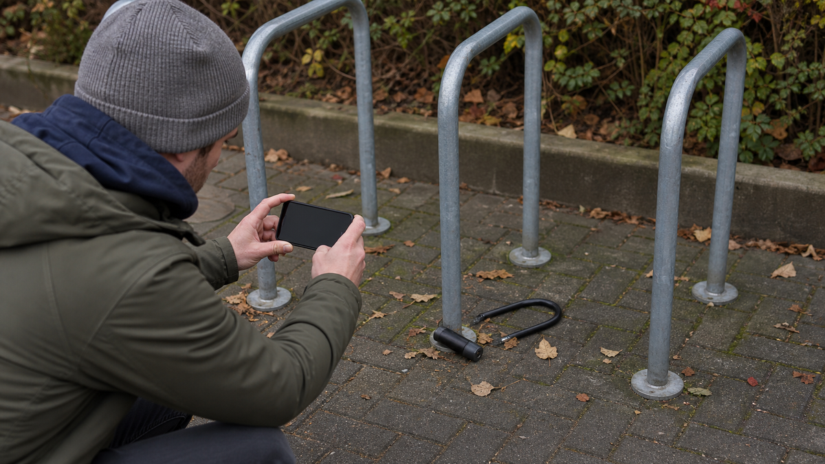 Leerer Fahrradständer mit durchtrenntem Schloss wird fotografiert