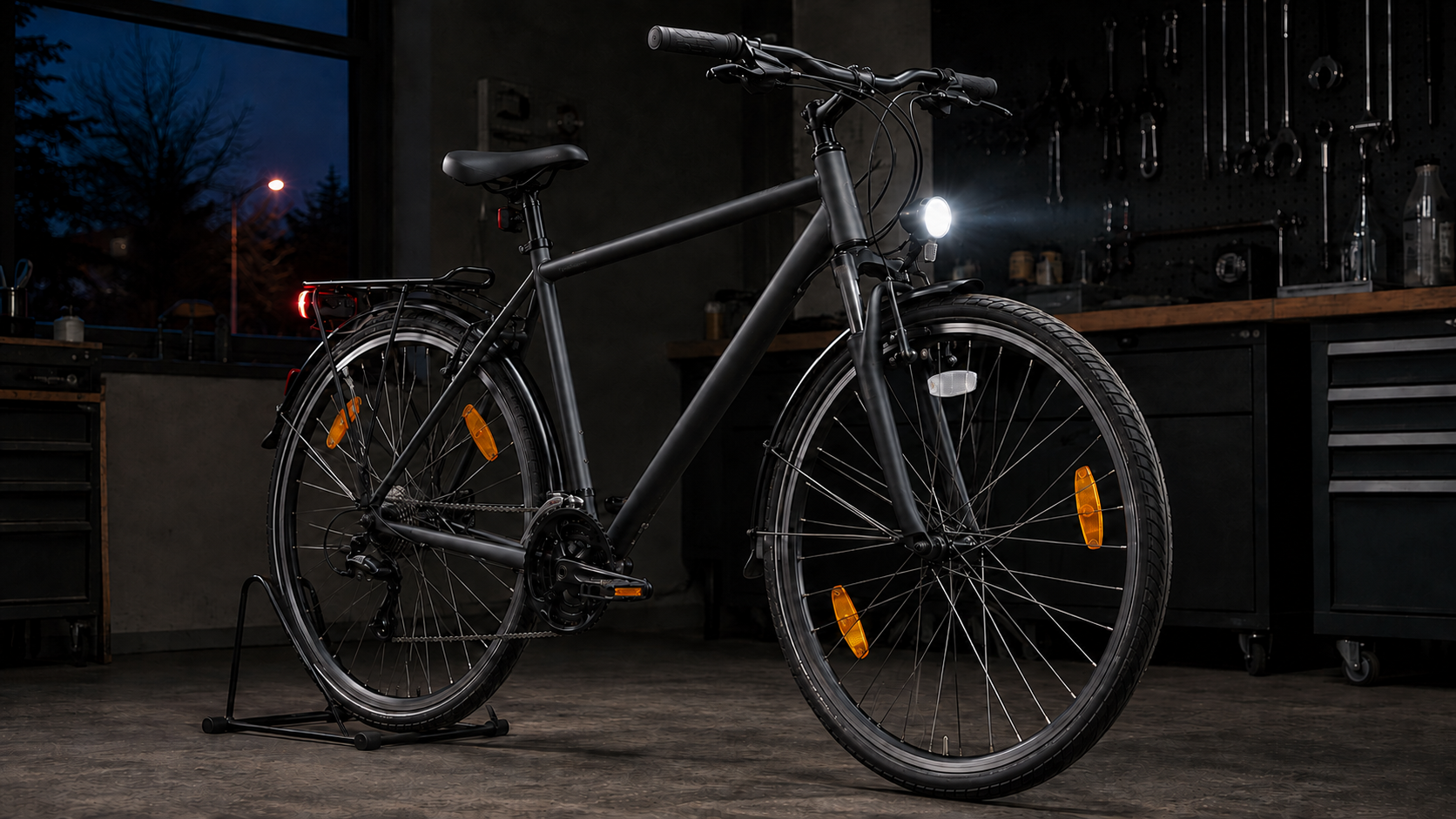 Fahrrad mit weißem Frontlicht, rotem Rücklicht und sichtbaren Reflektoren
