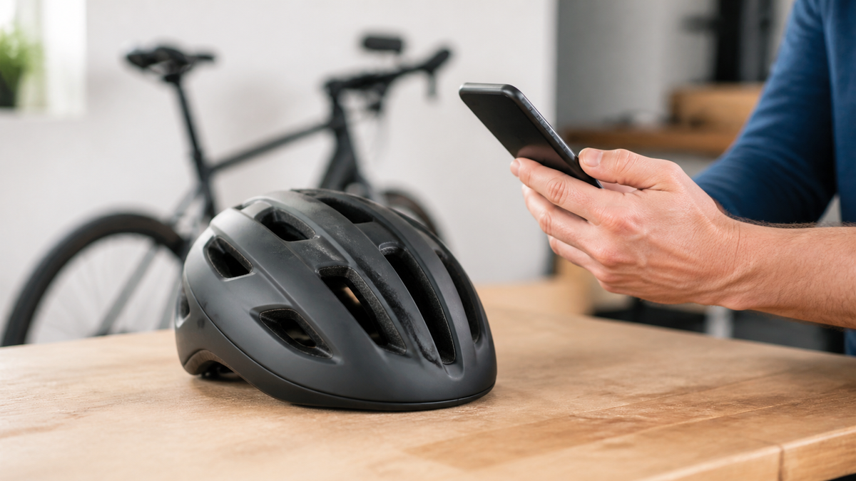 Ausgesonderter Fahrradhelm wird nach einem Sturz fotografisch dokumentiert