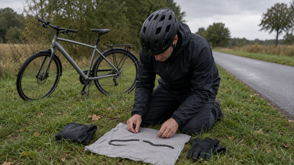 Radfahrer prüft eine gerissene Kette am sicher abgestellten E-Bike