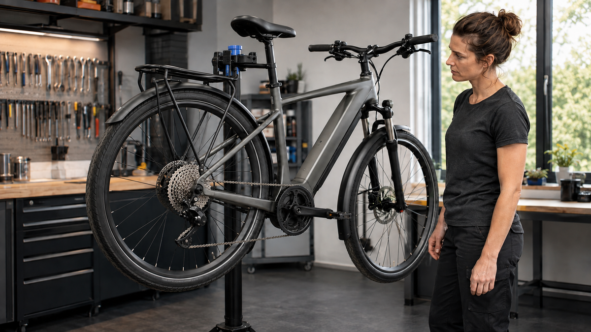 Mechanikerin prüft den stillstehenden Antrieb mit Kette und Kassette