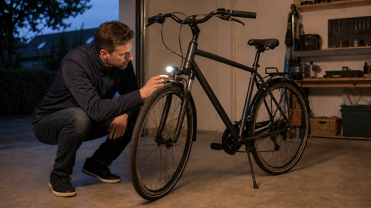 Person prüft die Frontleuchte eines stillstehenden Fahrrads in einer Garage