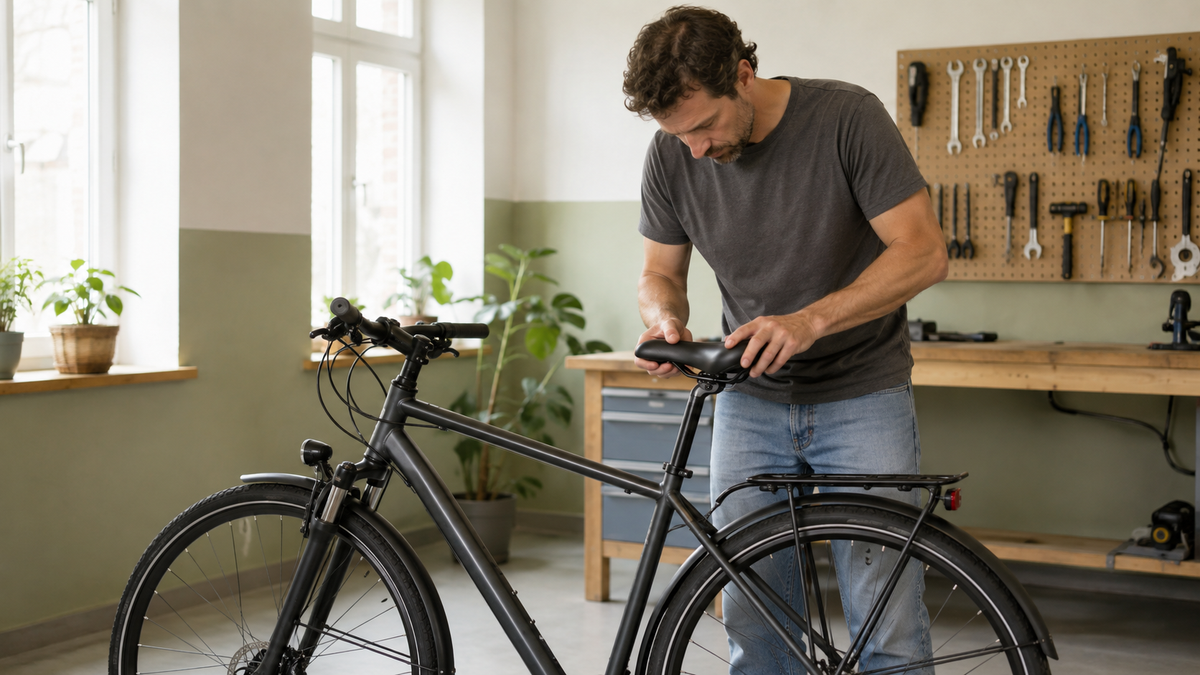 Person belastet einen Fahrradsattel im Stand zur Suche nach Knarzgeräuschen