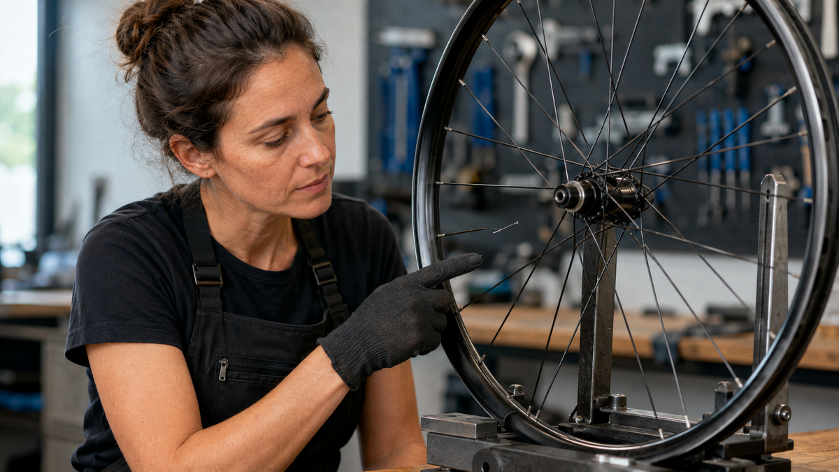 Mechanikerin zeigt eine gebrochene Speiche an einem ausgebauten Laufrad