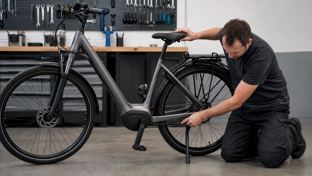 Mechaniker prüft den Seitenständer eines unbeladenen E-Bikes in der Werkstatt