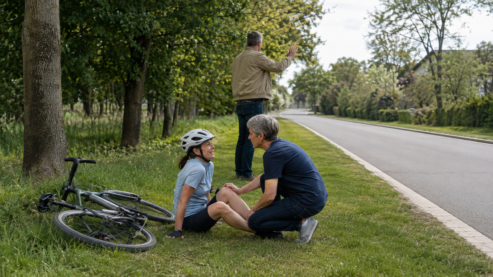 Helfende sichern eine Unfallstelle und kümmern sich um eine Radfahrerin