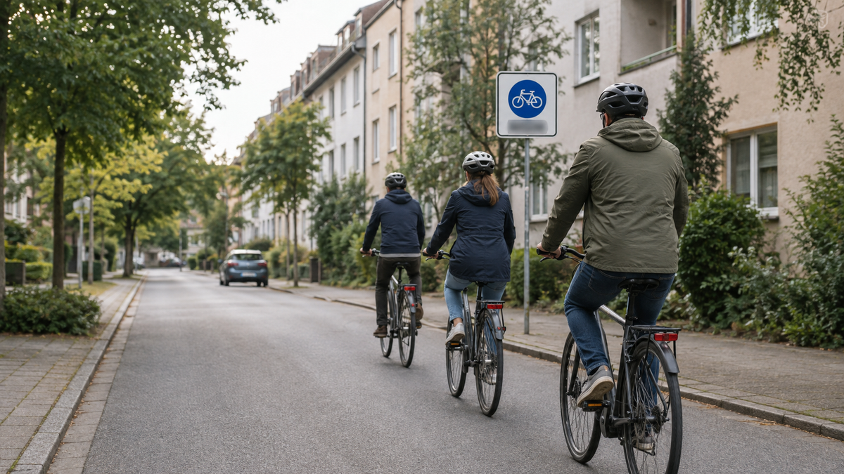 Radfahrende fahren am Eingang einer Fahrradzone in ein Wohnviertel