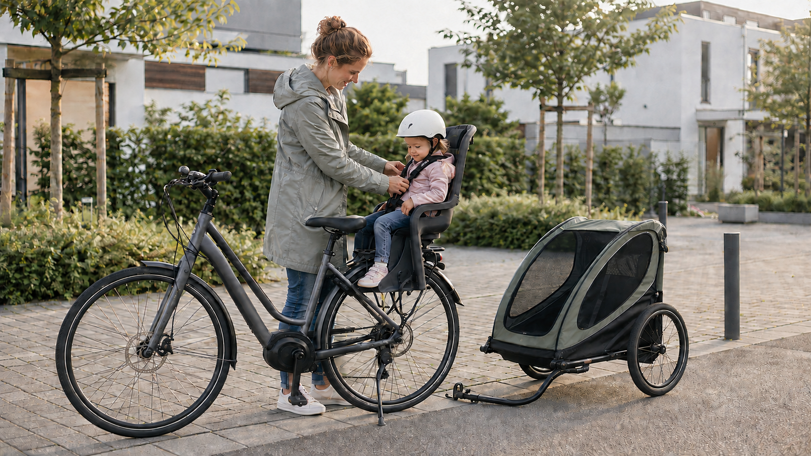 Erwachsene Person prüft Kindersitz und Kinderanhänger vor der Fahrt