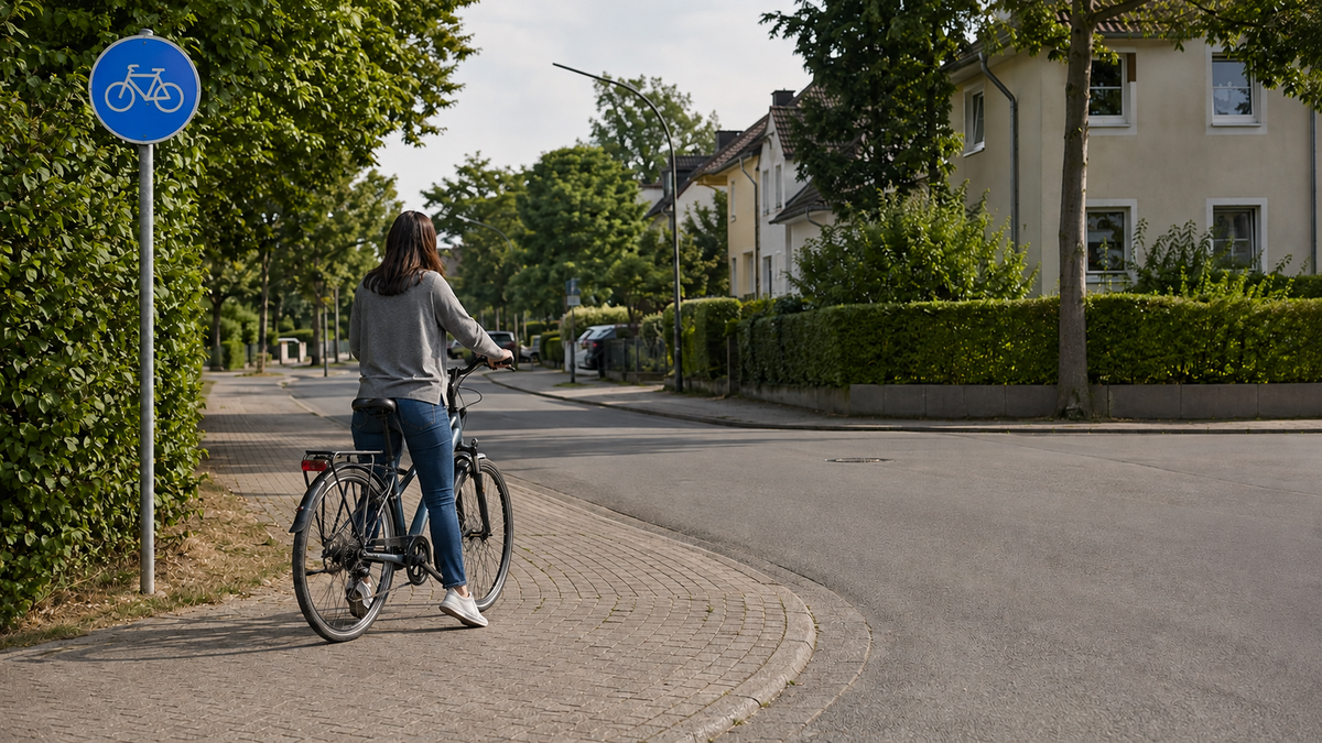 Radfahrerin wartet vor einem linksseitigen Radweg mit blauem Fahrradschild