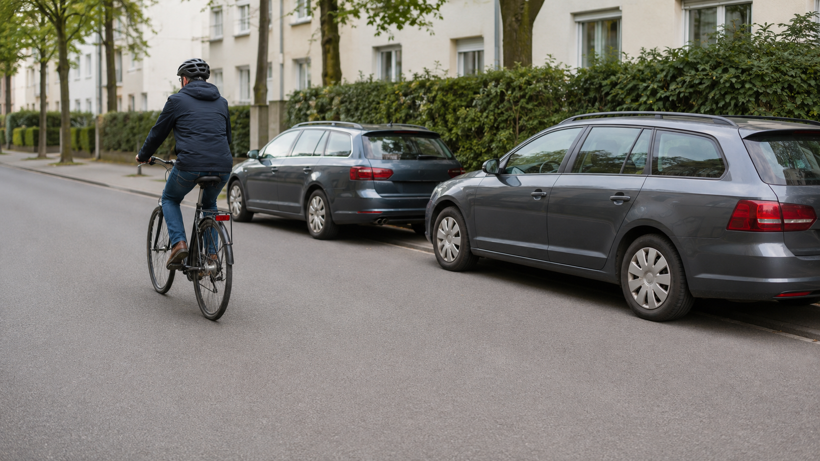 Radfahrer hält auf der Fahrbahn Abstand zu rechts parkenden Autos