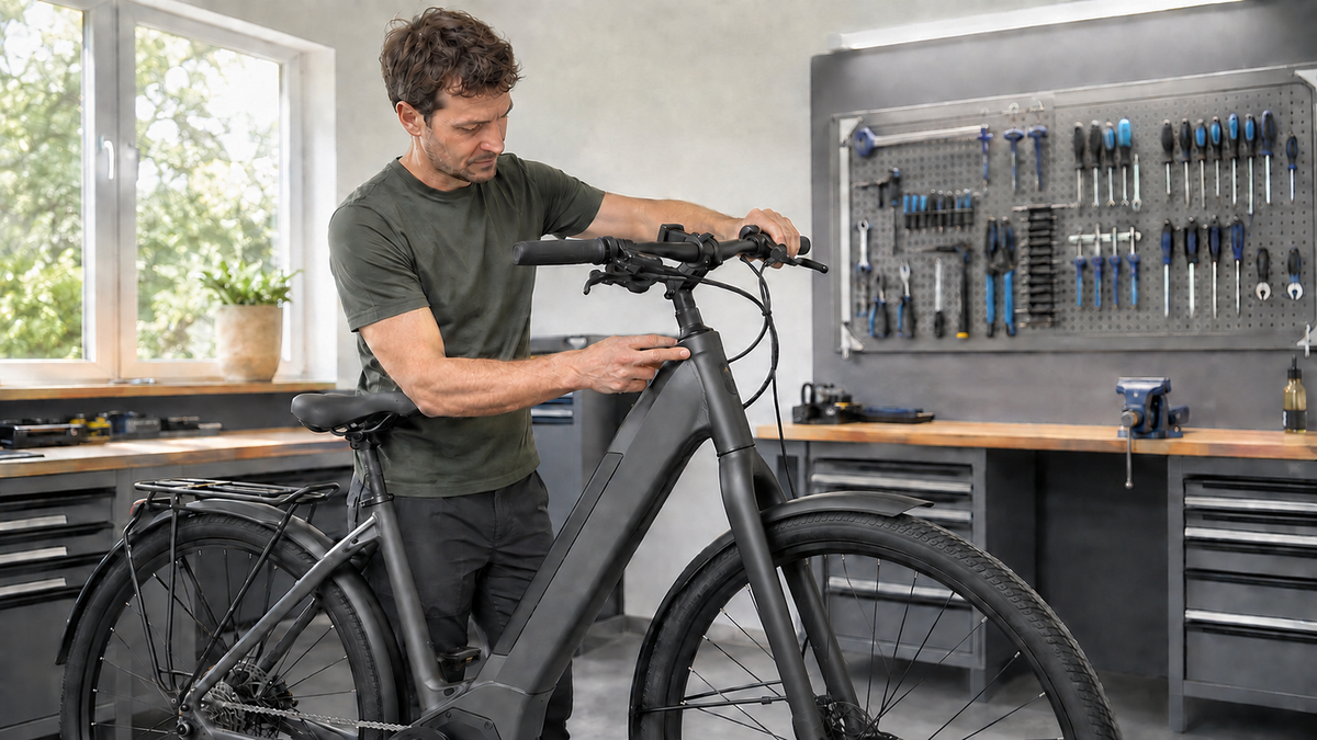 Person zeigt die Prüfposition am Steuersatz eines abgestellten E-Bikes