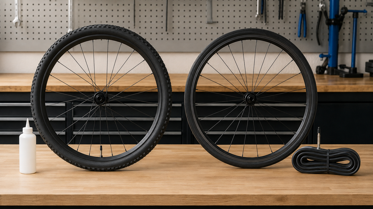 Tubeless-Laufrad und Fahrradschlauch liegen zum Vergleich auf einer Werkbank