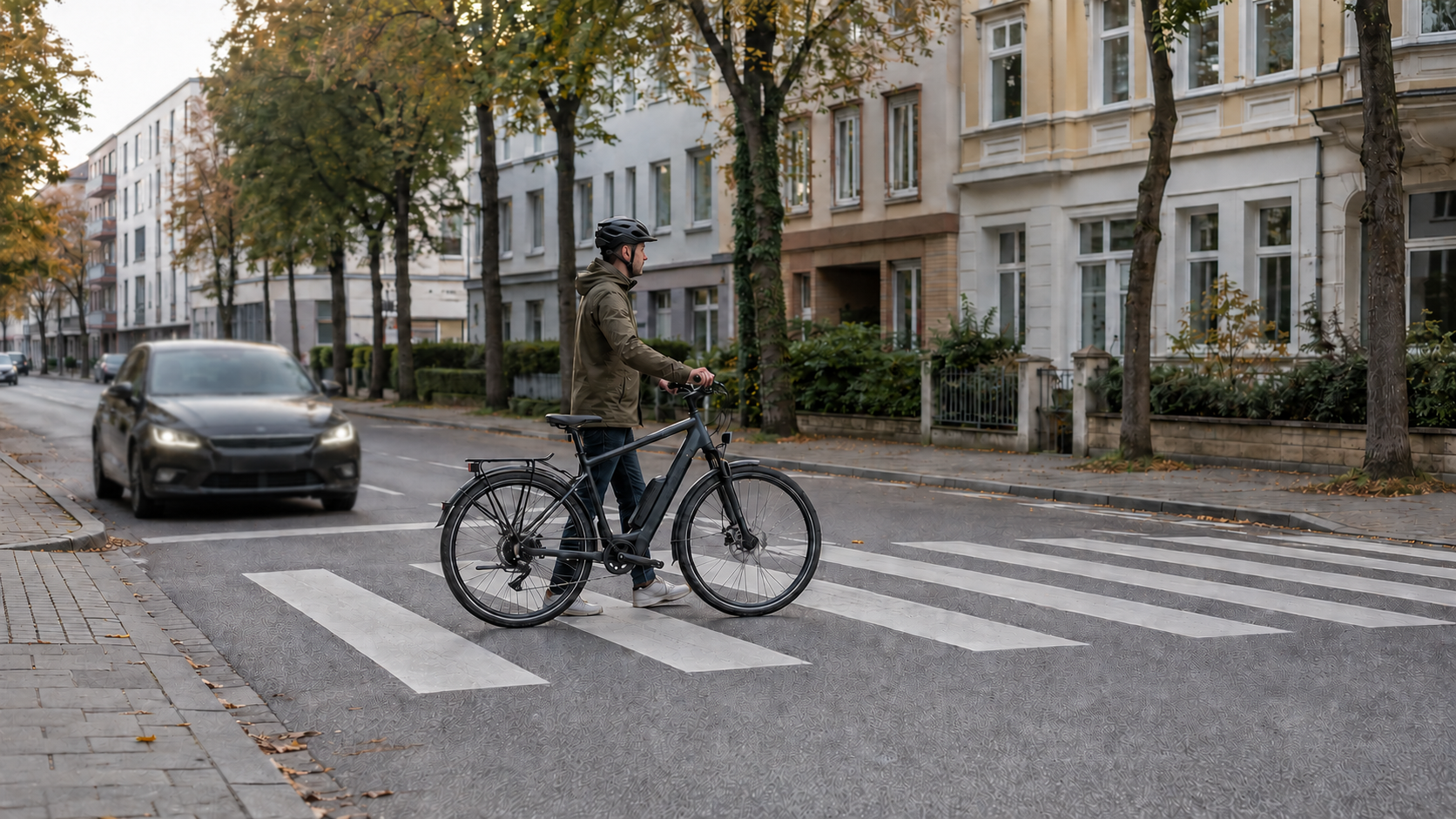 Eine Person schiebt ihr E-Bike über einen Zebrastreifen, während ein Auto wartet.