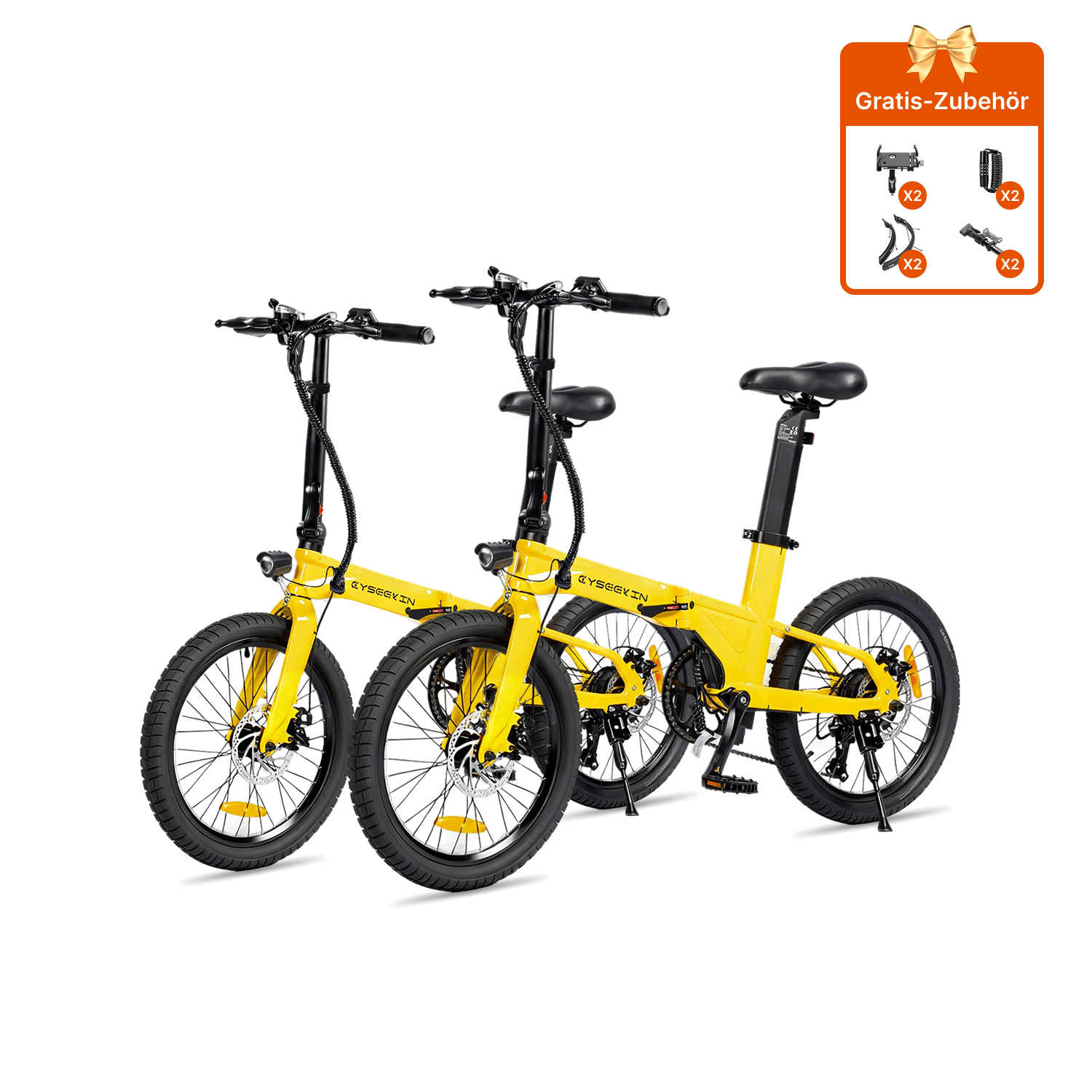 Zwei gelbe Cyseekin C10 Falt-E-Bikes als 2er-Set
