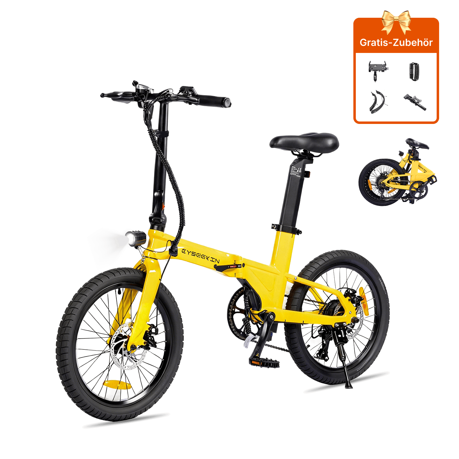 Gelbes Cyseekin C10 Falt-E-Bike, aufrecht und zusammengefaltet dargestellt