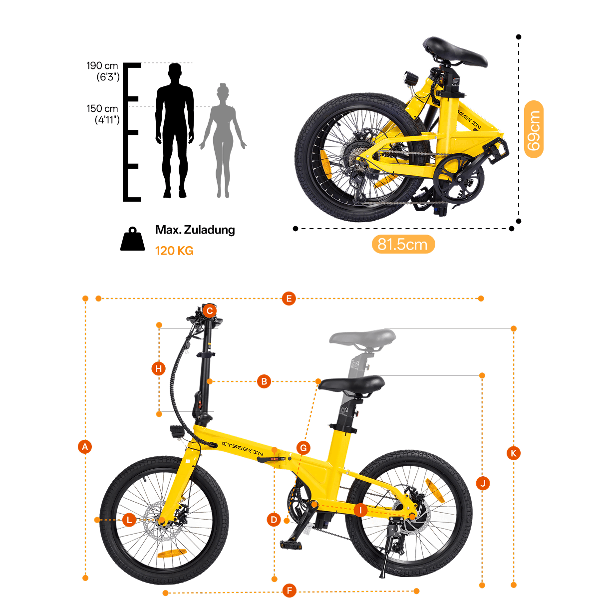 Größenübersicht des gelben Cyseekin C10 Klapprad-E-Bikes mit Fahrradmaßen und Faltmaß