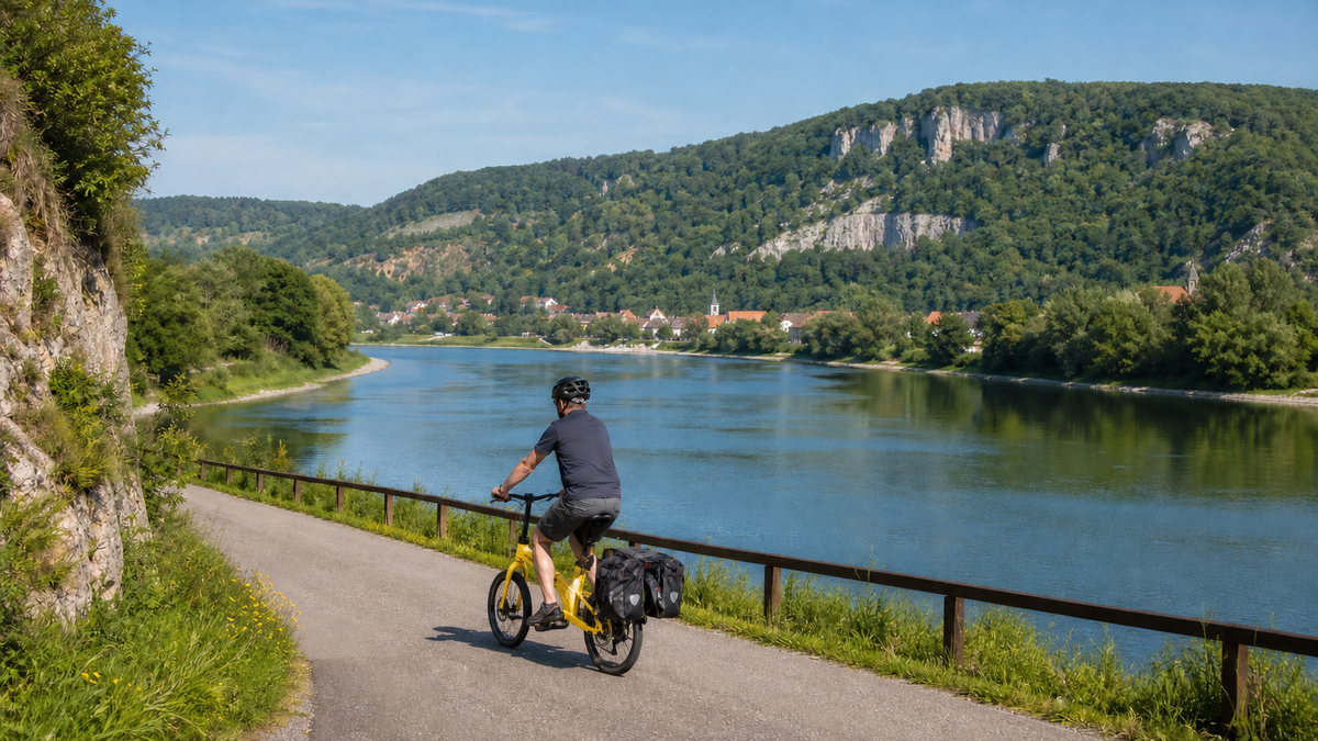 Cyseekin C10 auf einem befestigten Flussradweg mit Kalkfelsen im Hintergrund