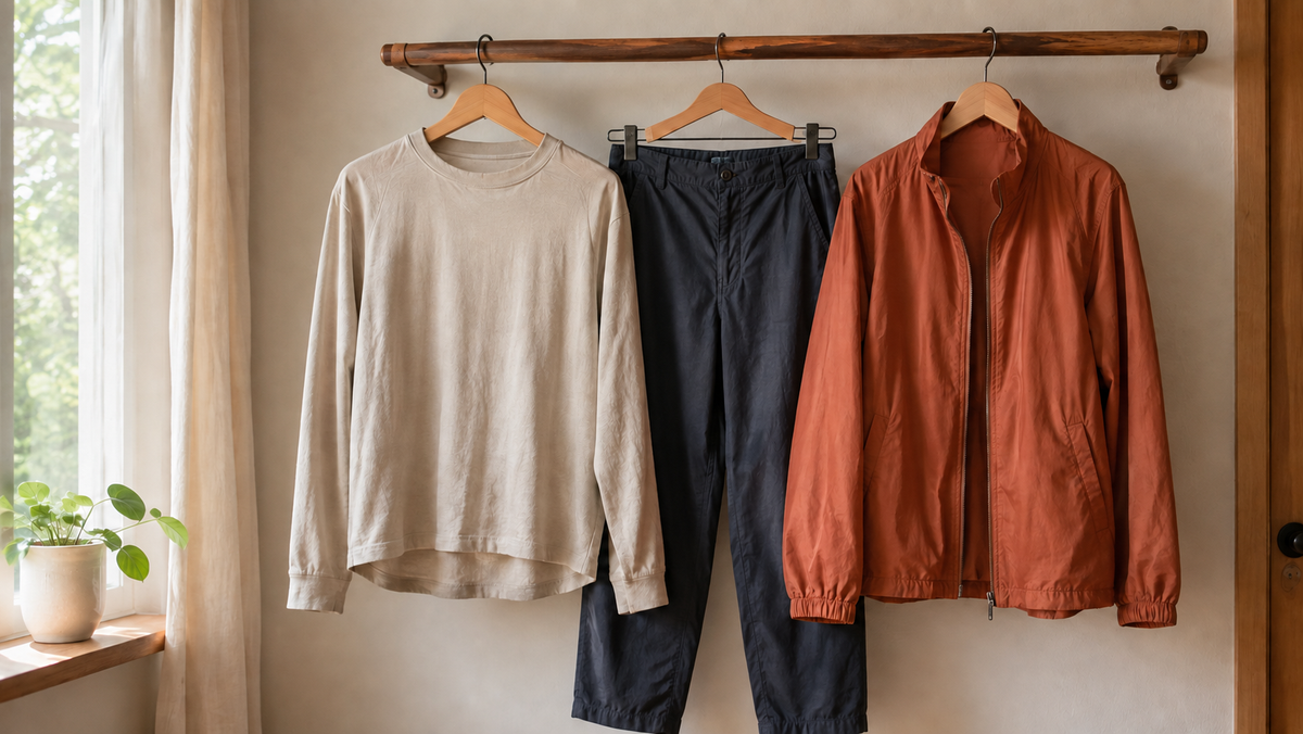 Alltagskleidung und eine leichte Jacke auf Kleiderbügeln